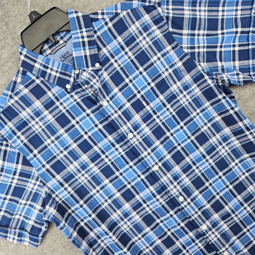 Izod Saltwater Button Down Shirt Mens Medium Blue White Pink Plaid Short Sleeve